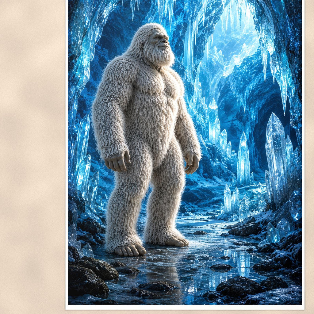 Blue Cave Yeti — 24x36 in art print poster, premium luster paper with a white border; close-up framed on the main subject of the artwork, paper surface visible.