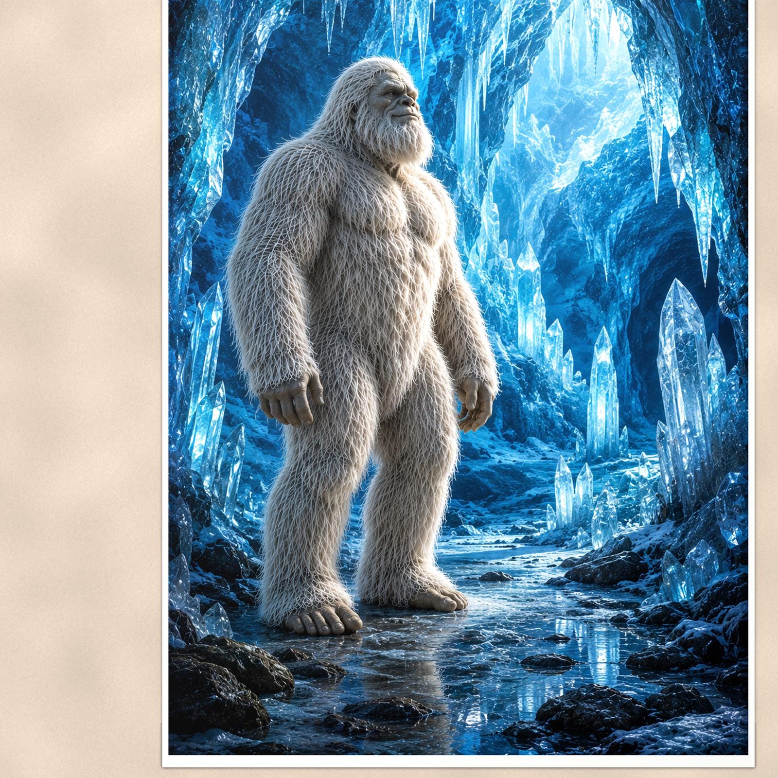 Blue Cave Yeti — 24x36 in art print poster, premium luster paper with a white border; close-up framed on the main subject of the artwork, paper surface visible.