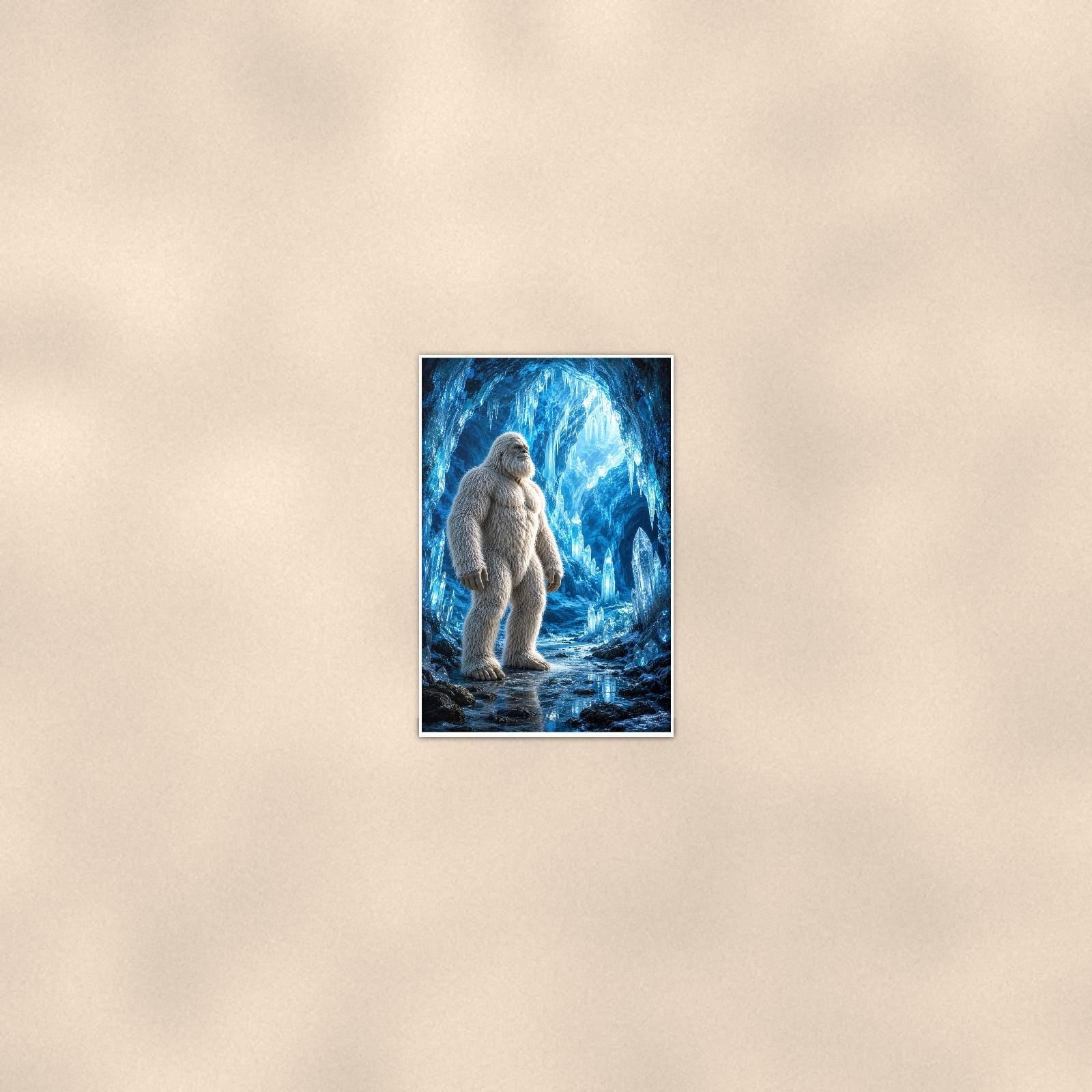 Blue Cave Yeti — 24x36 in art print poster, premium luster paper with a white border; poster seen from further back, at true 24x36 in scale on a warm wall.