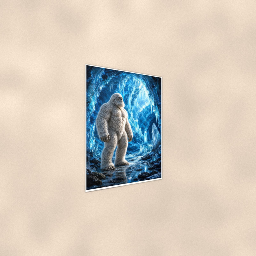Blue Cave Yeti — 24x36 in art print poster, premium luster paper with a white border; steeper three-quarter angle on a warm wall, catching the luster sheen.
