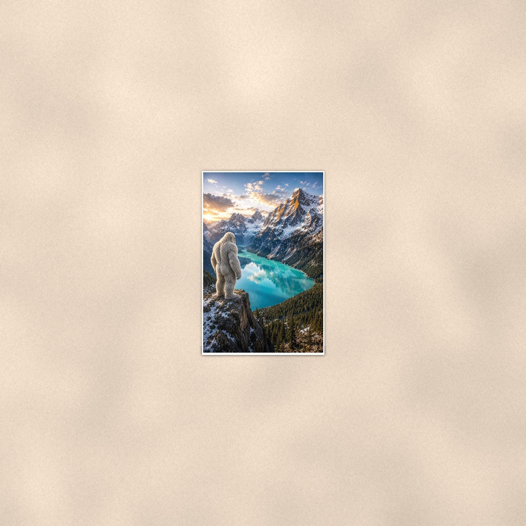 Alpine Lake Yeti — 24x36 in art print poster, premium luster paper with a white border; poster seen from further back, at true 24x36 in scale on a warm wall.