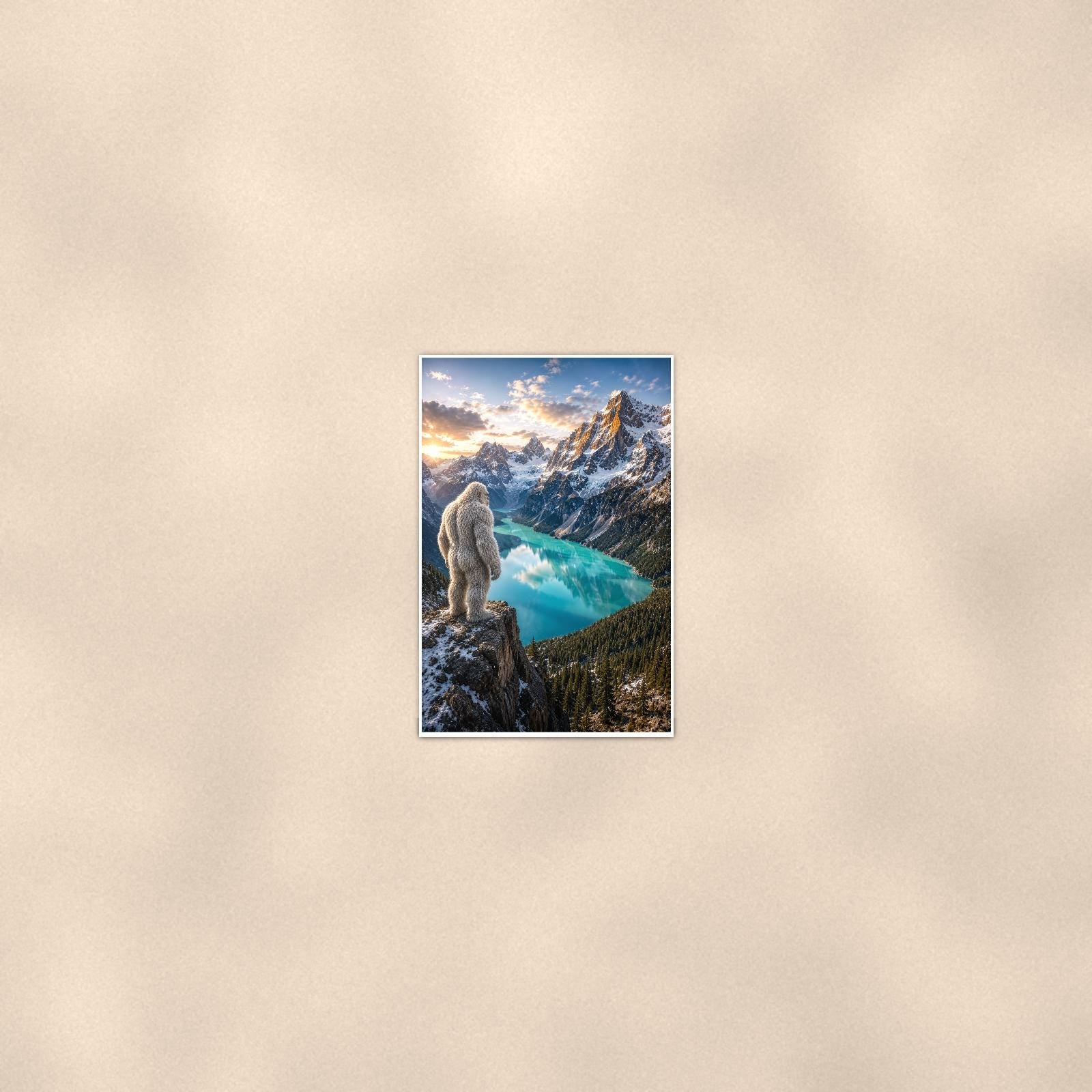 Alpine Lake Yeti — 24x36 in art print poster, premium luster paper with a white border; poster seen from further back, at true 24x36 in scale on a warm wall.