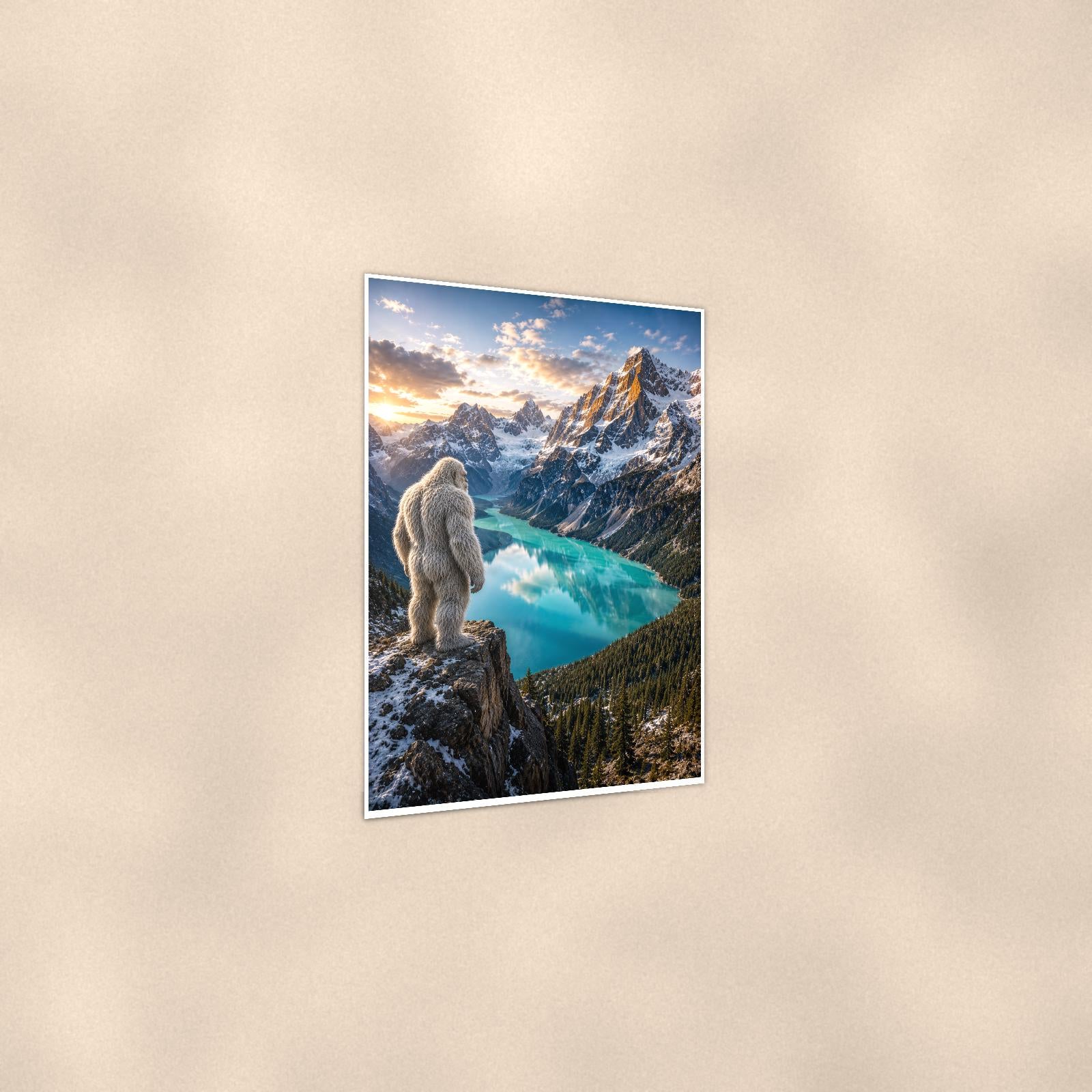 Alpine Lake Yeti — 24x36 in art print poster, premium luster paper with a white border; gentle three-quarter angle on a warm wall, showing the flat paper edge.