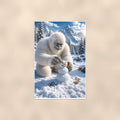 Snowman Builder Yeti — 24x36 in art print poster, premium luster paper with a white border; poster shown straight on against a warm wall.