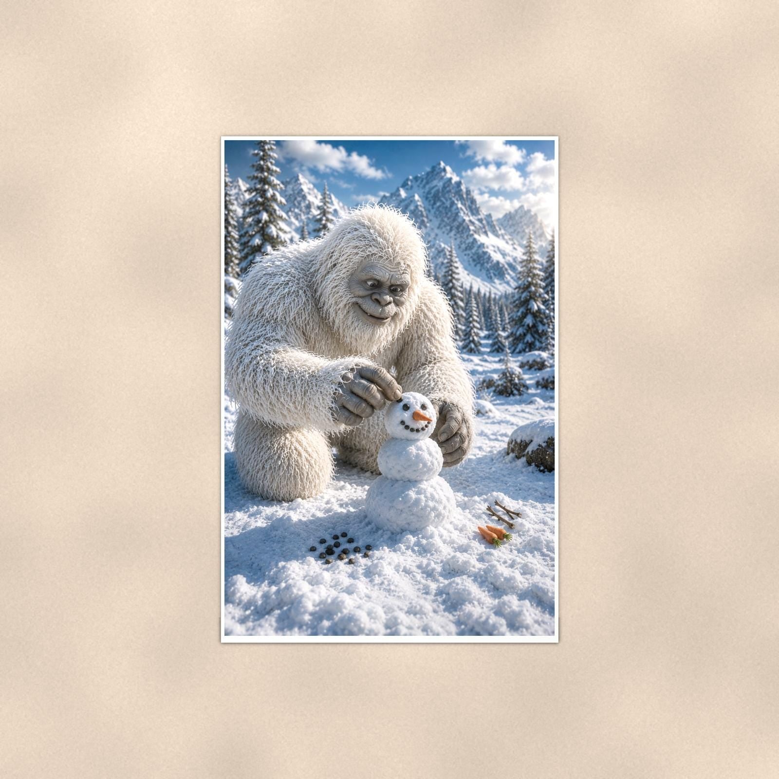 Snowman Builder Yeti — 24x36 in art print poster, premium luster paper with a white border; poster shown straight on against a warm wall.