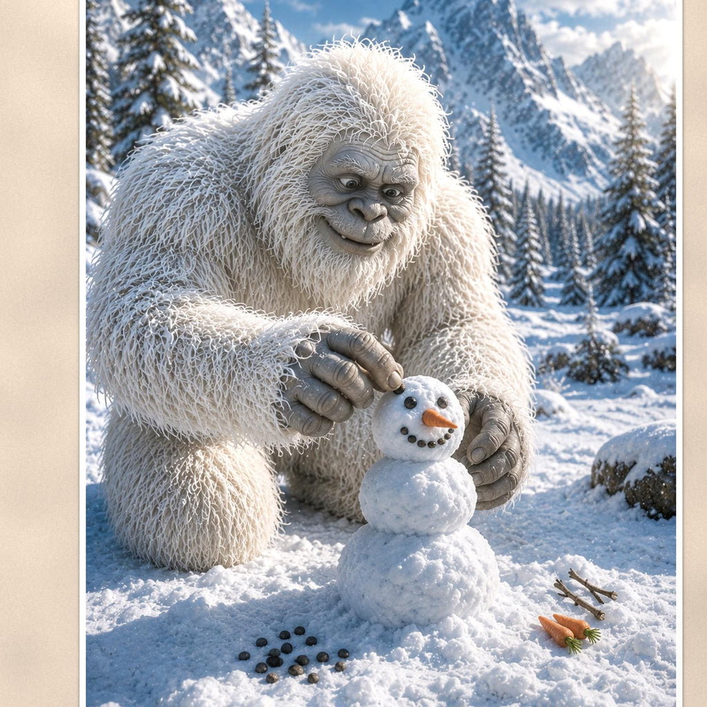 Snowman Builder Yeti — 24x36 in art print poster, premium luster paper with a white border; close-up framed on the main subject of the artwork, paper surface visible.
