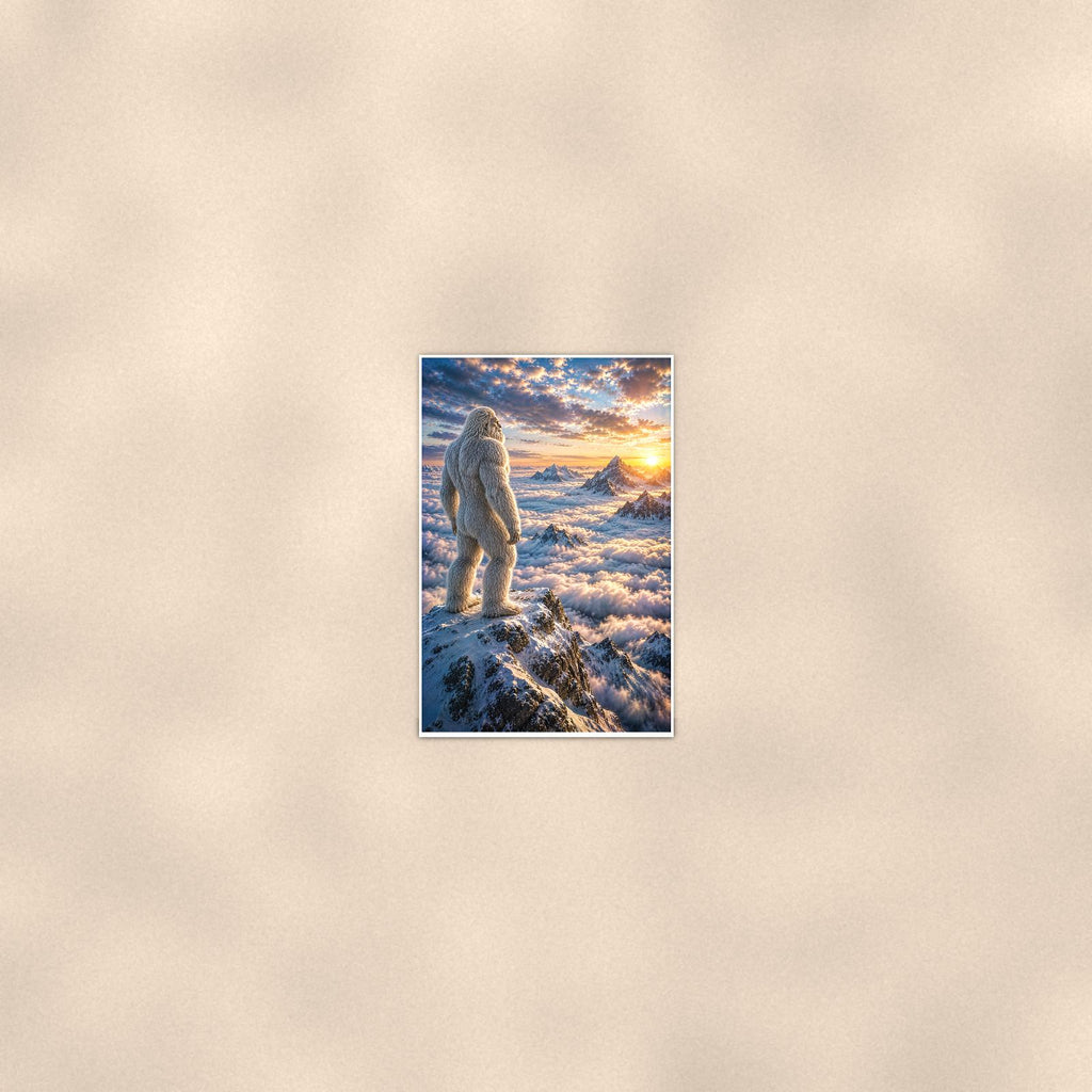 Ridge Sunset Yeti — 24x36 in art print poster, premium luster paper with a white border; poster seen from further back, at true 24x36 in scale on a warm wall.