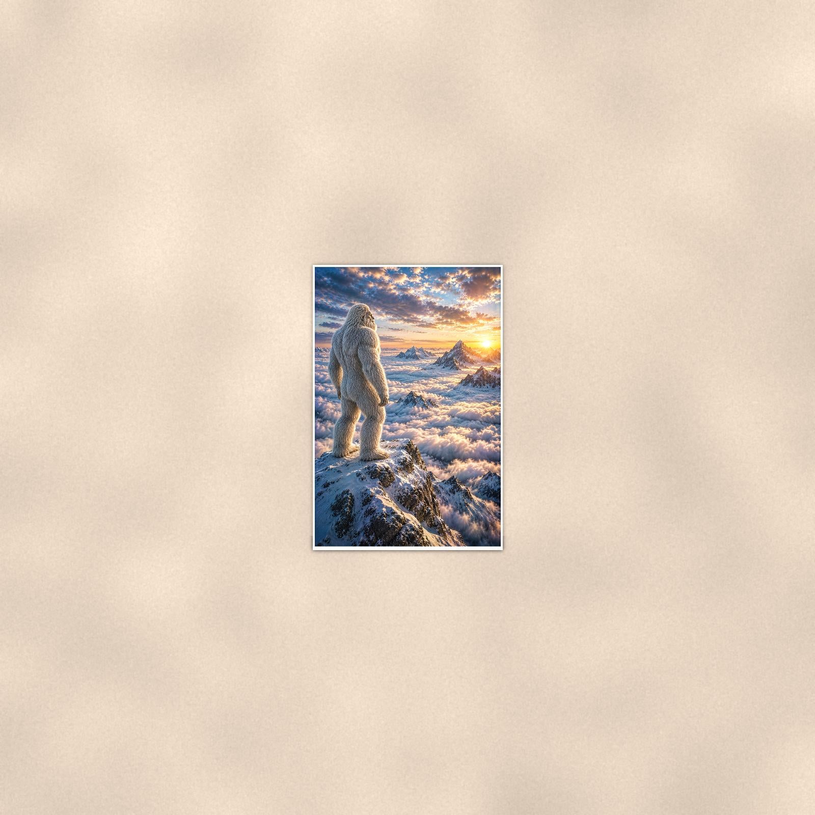 Ridge Sunset Yeti — 24x36 in art print poster, premium luster paper with a white border; poster seen from further back, at true 24x36 in scale on a warm wall.