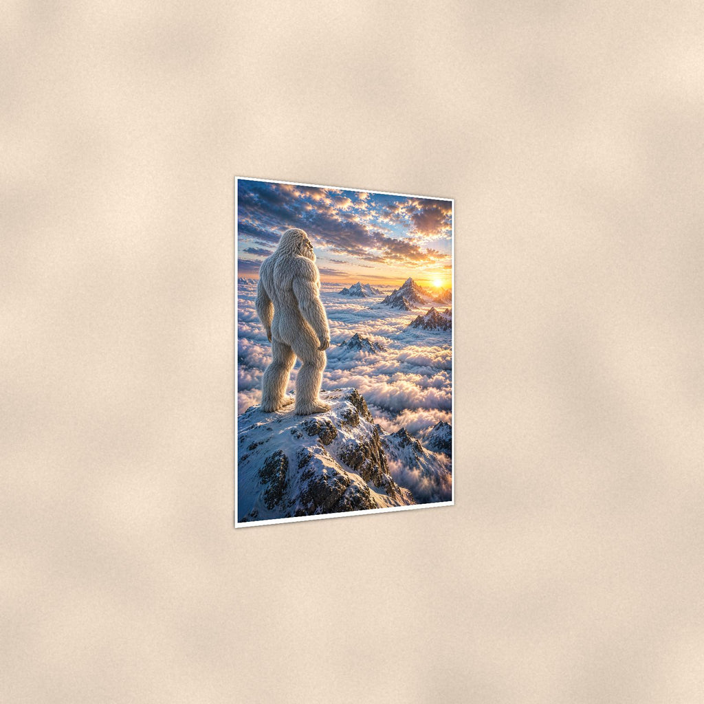 Ridge Sunset Yeti — 24x36 in art print poster, premium luster paper with a white border; gentle three-quarter angle on a warm wall, showing the flat paper edge.