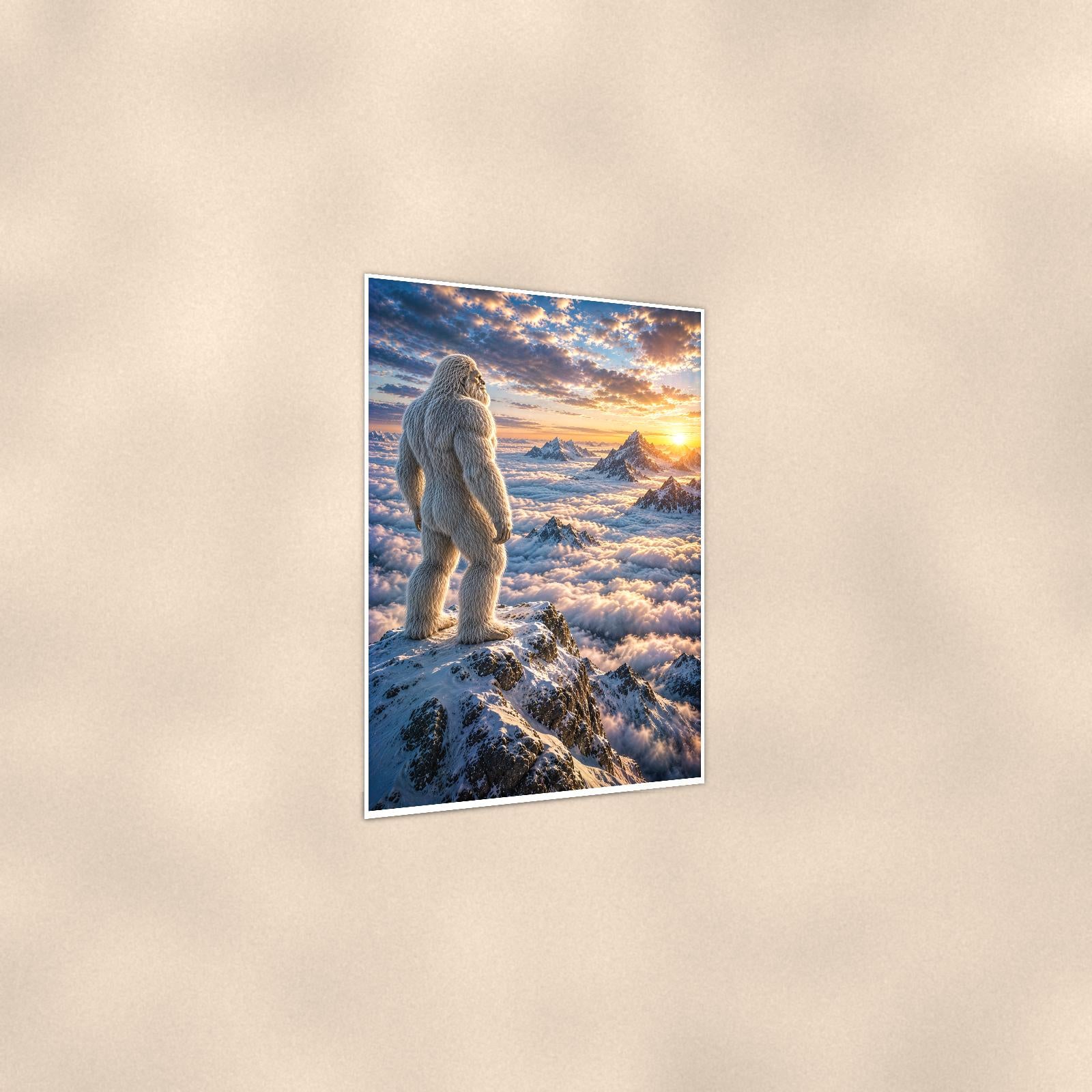 Ridge Sunset Yeti — 24x36 in art print poster, premium luster paper with a white border; gentle three-quarter angle on a warm wall, showing the flat paper edge.