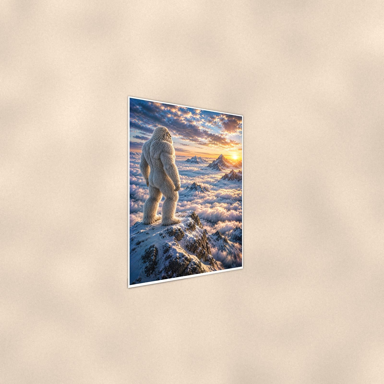 Ridge Sunset Yeti — 24x36 in art print poster, premium luster paper with a white border; steeper three-quarter angle on a warm wall, catching the luster sheen.
