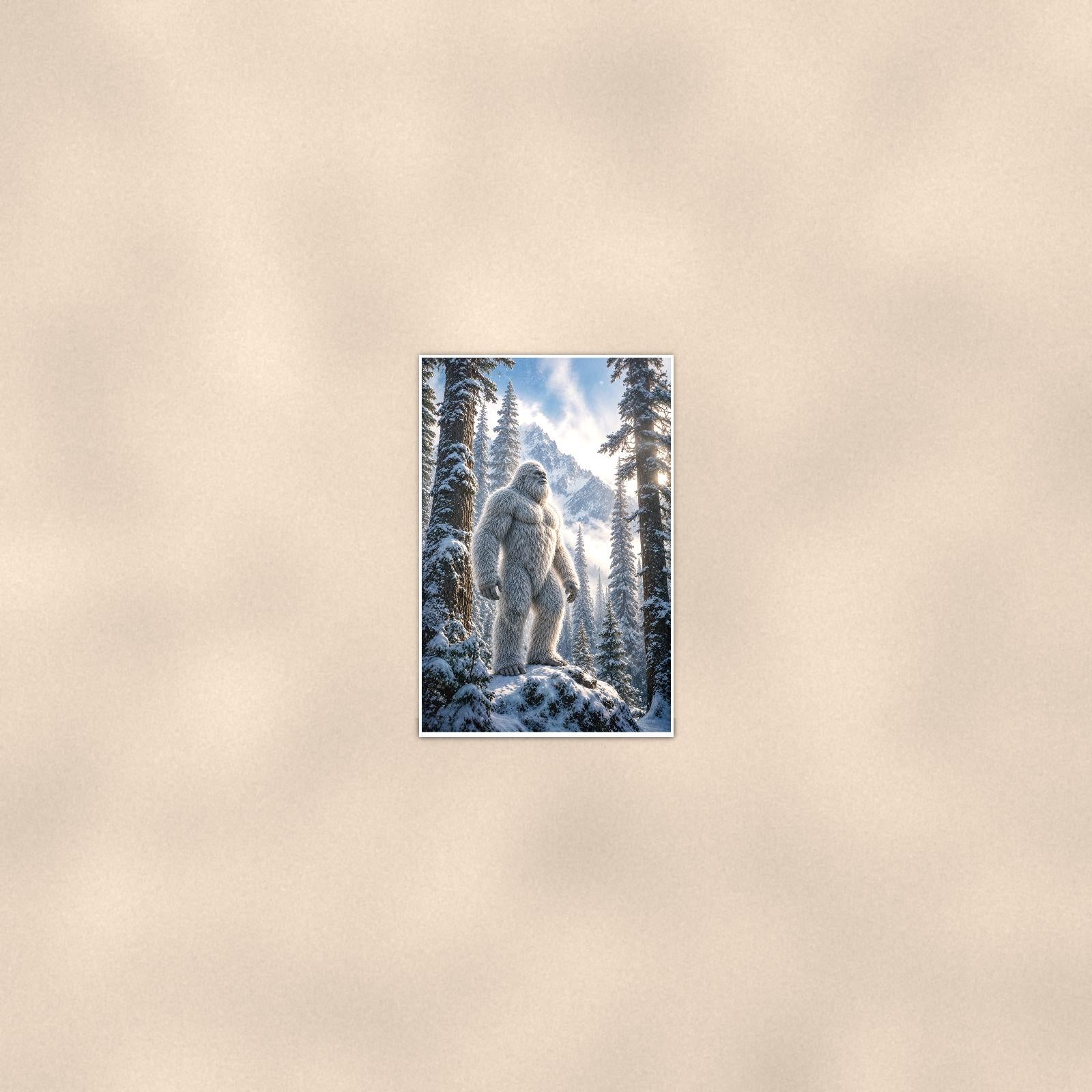 Sunburst Forest Yeti — 24x36 in art print poster, premium luster paper with a white border; poster seen from further back, at true 24x36 in scale on a warm wall.