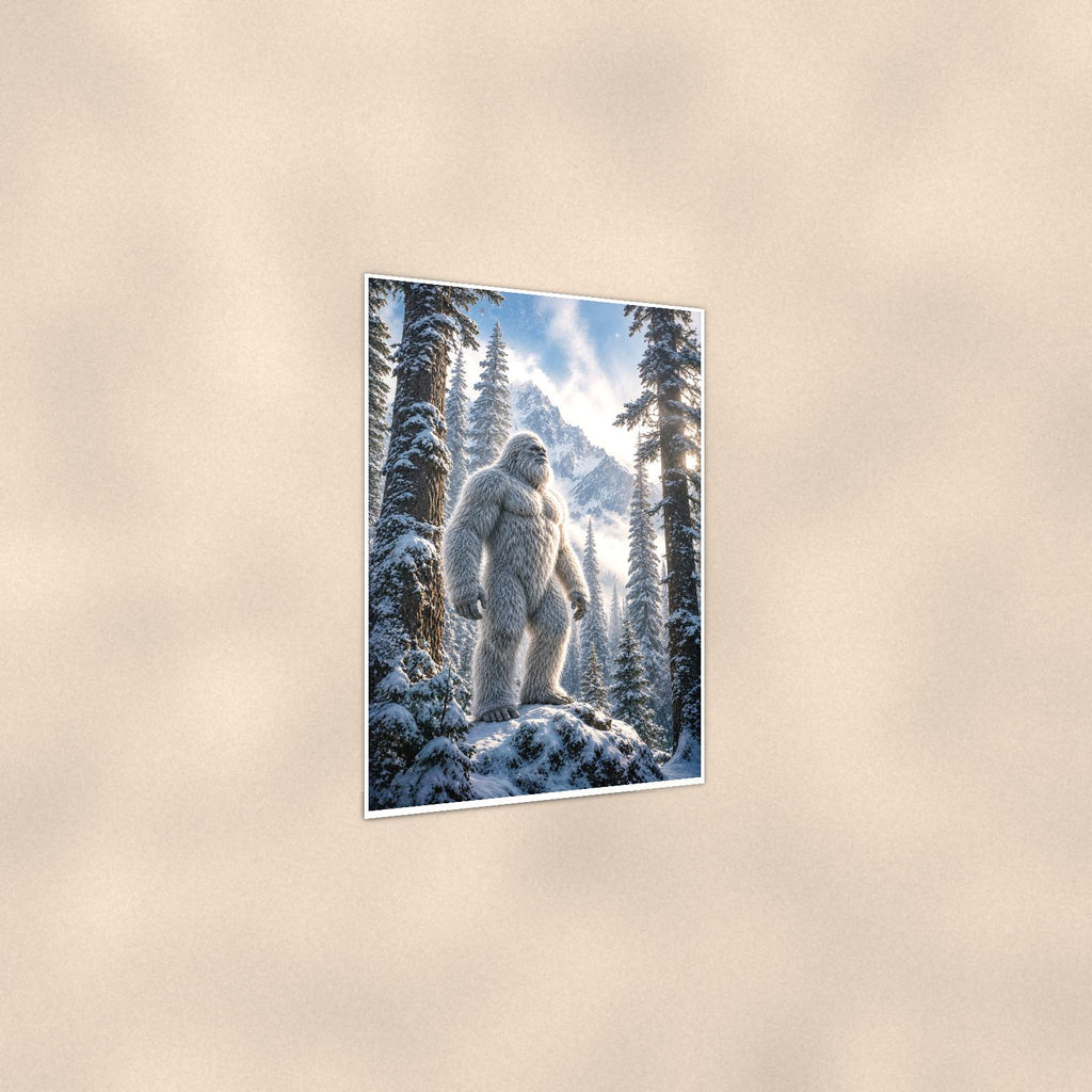 Sunburst Forest Yeti — 24x36 in art print poster, premium luster paper with a white border; gentle three-quarter angle on a warm wall, showing the flat paper edge.