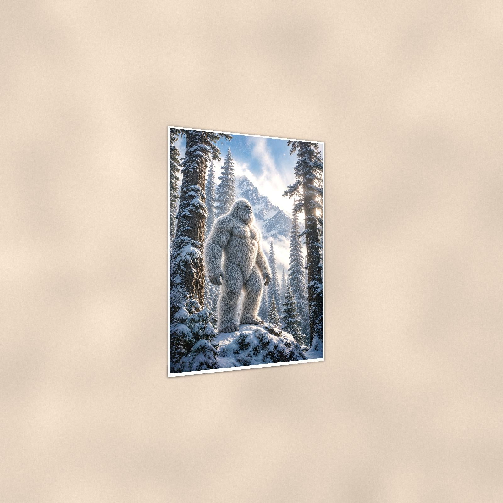 Sunburst Forest Yeti — 24x36 in art print poster, premium luster paper with a white border; gentle three-quarter angle on a warm wall, showing the flat paper edge.