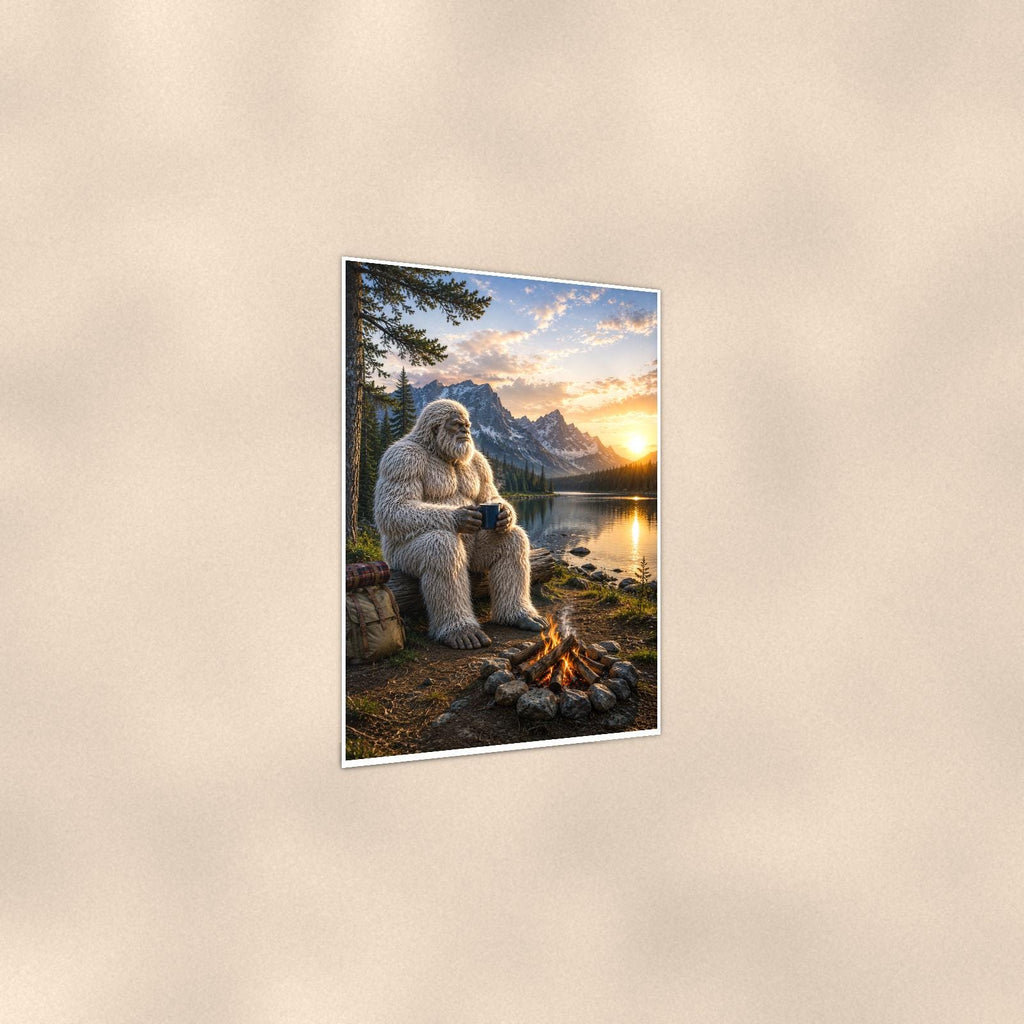 Lakeside Coffee Yeti — 24x36 in art print poster, premium luster paper with a white border; gentle three-quarter angle on a warm wall, showing the flat paper edge.