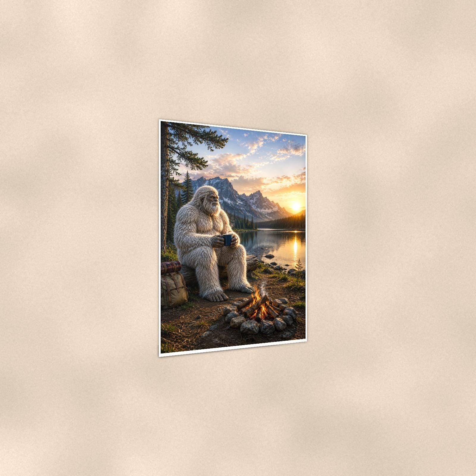 Lakeside Coffee Yeti — 24x36 in art print poster, premium luster paper with a white border; gentle three-quarter angle on a warm wall, showing the flat paper edge.