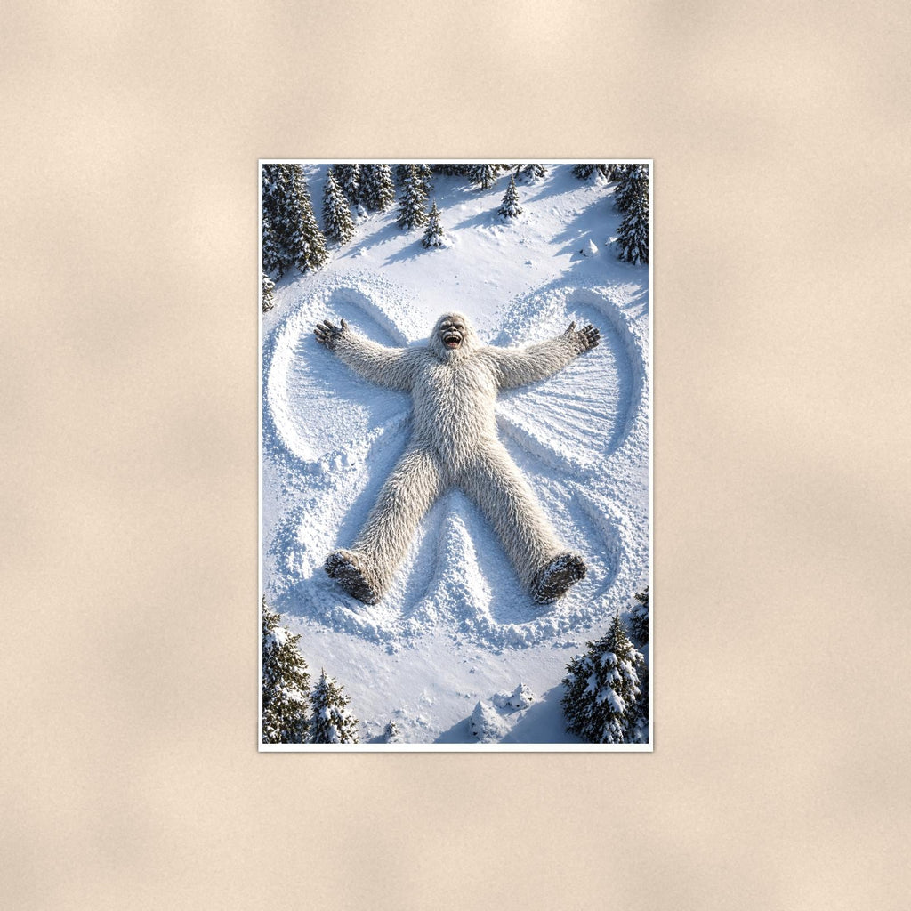 Snow Angel Yeti — 24x36 in art print poster, premium luster paper with a white border; poster shown straight on against a warm wall.