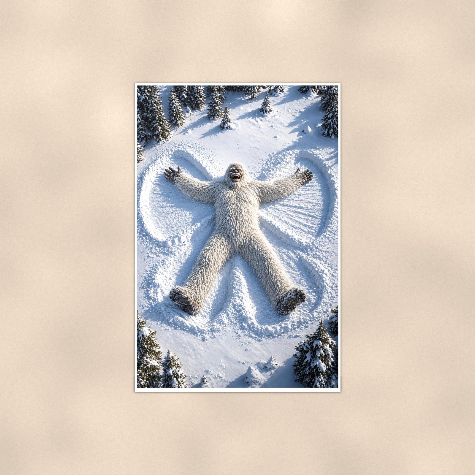 Snow Angel Yeti — 24x36 in art print poster, premium luster paper with a white border; poster shown straight on against a warm wall.