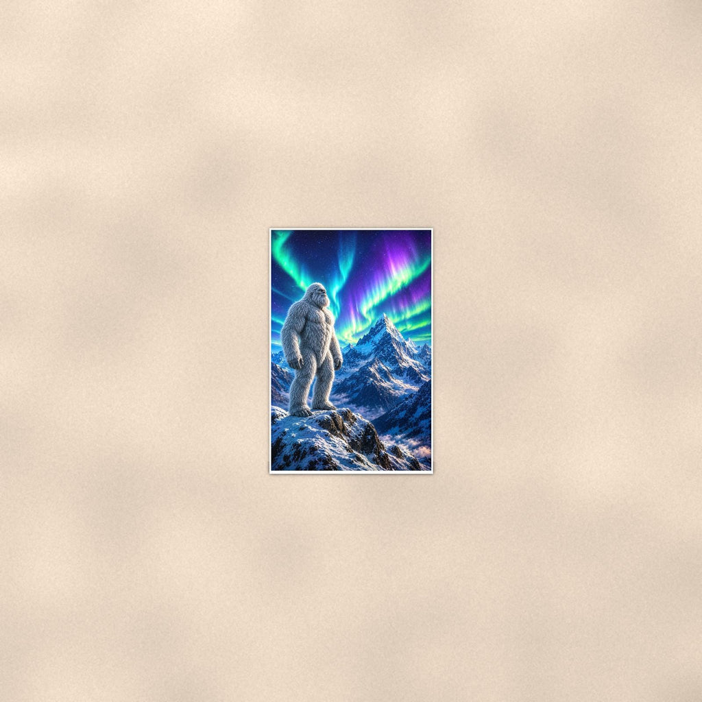 Aurora Mountain Yeti — 24x36 in art print poster, premium luster paper with a white border; poster seen from further back, at true 24x36 in scale on a warm wall.