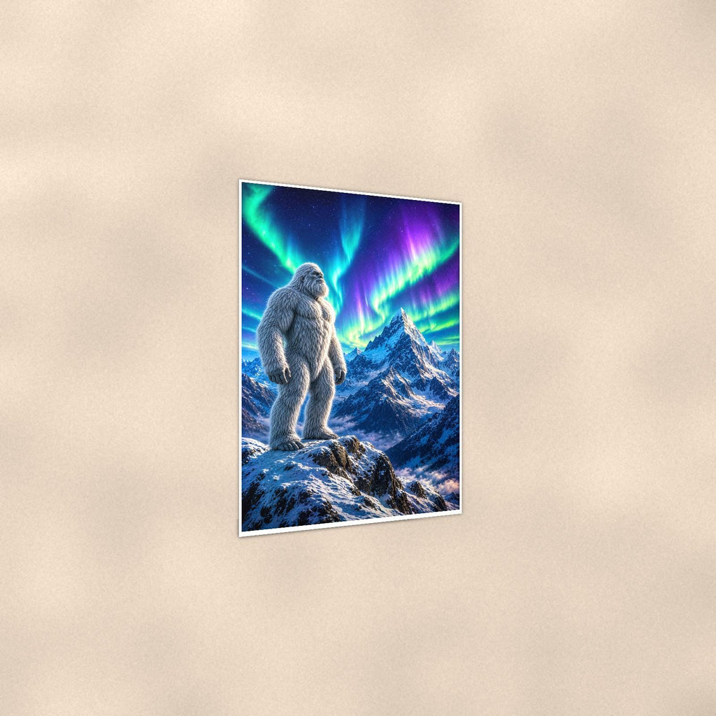 Aurora Mountain Yeti — 24x36 in art print poster, premium luster paper with a white border; gentle three-quarter angle on a warm wall, showing the flat paper edge.