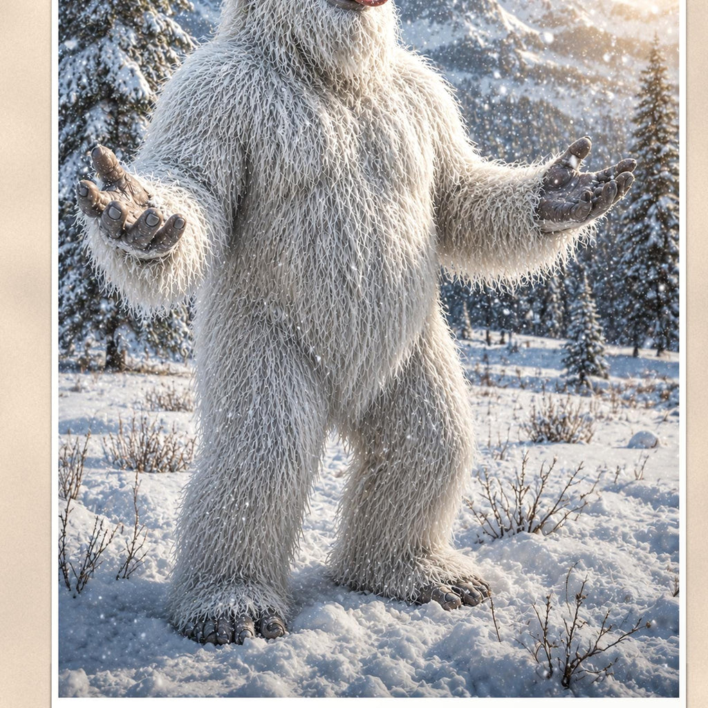 Laughing Yeti — 24x36 in art print poster, premium luster paper with a white border; close-up framed on the main subject of the artwork, paper surface visible.