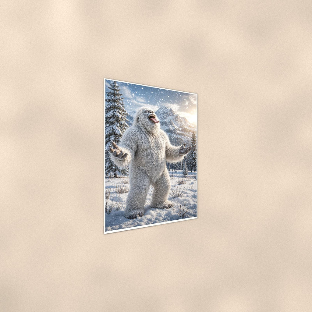 Laughing Yeti — 24x36 in art print poster, premium luster paper with a white border; steeper three-quarter angle on a warm wall, catching the luster sheen.