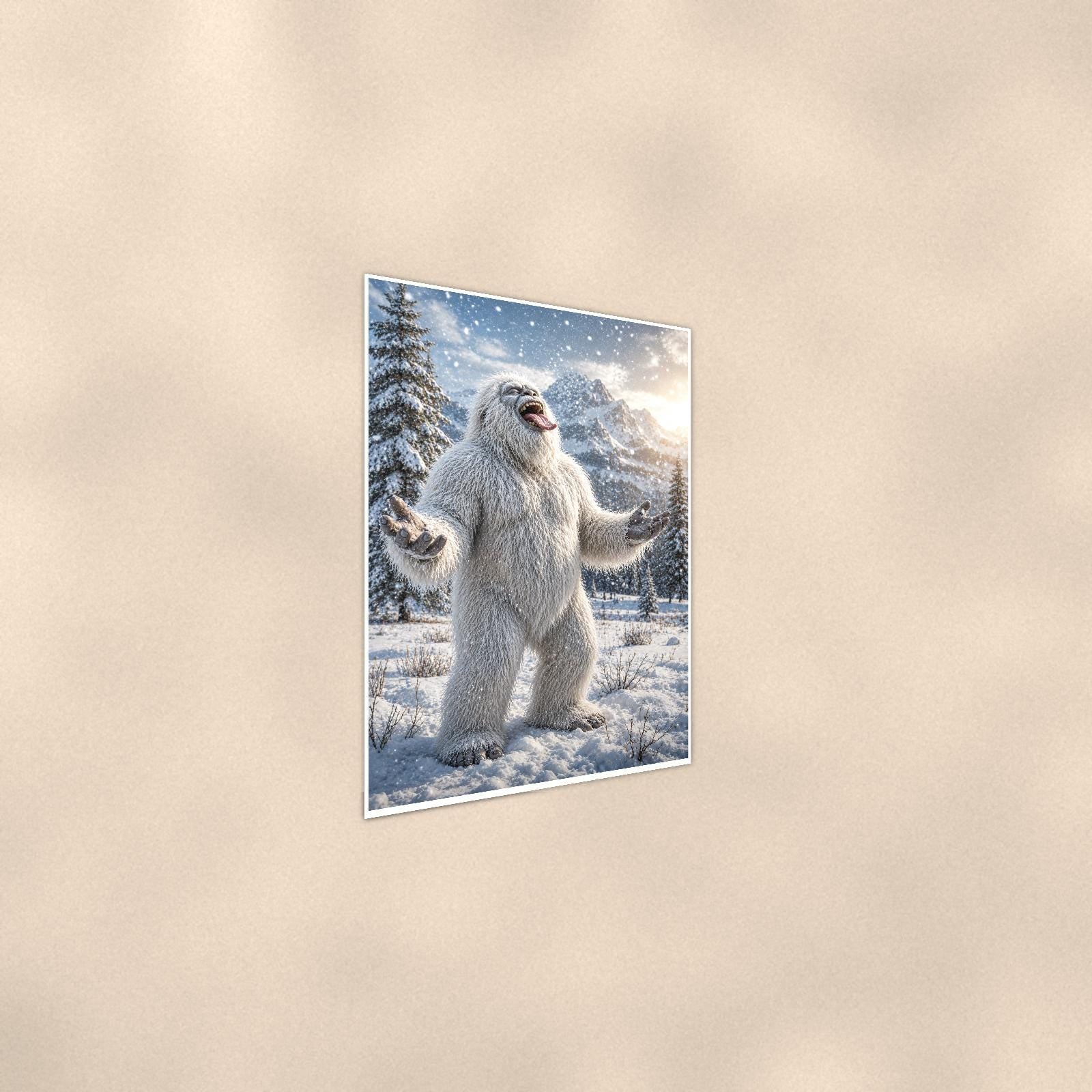 Laughing Yeti — 24x36 in art print poster, premium luster paper with a white border; steeper three-quarter angle on a warm wall, catching the luster sheen.