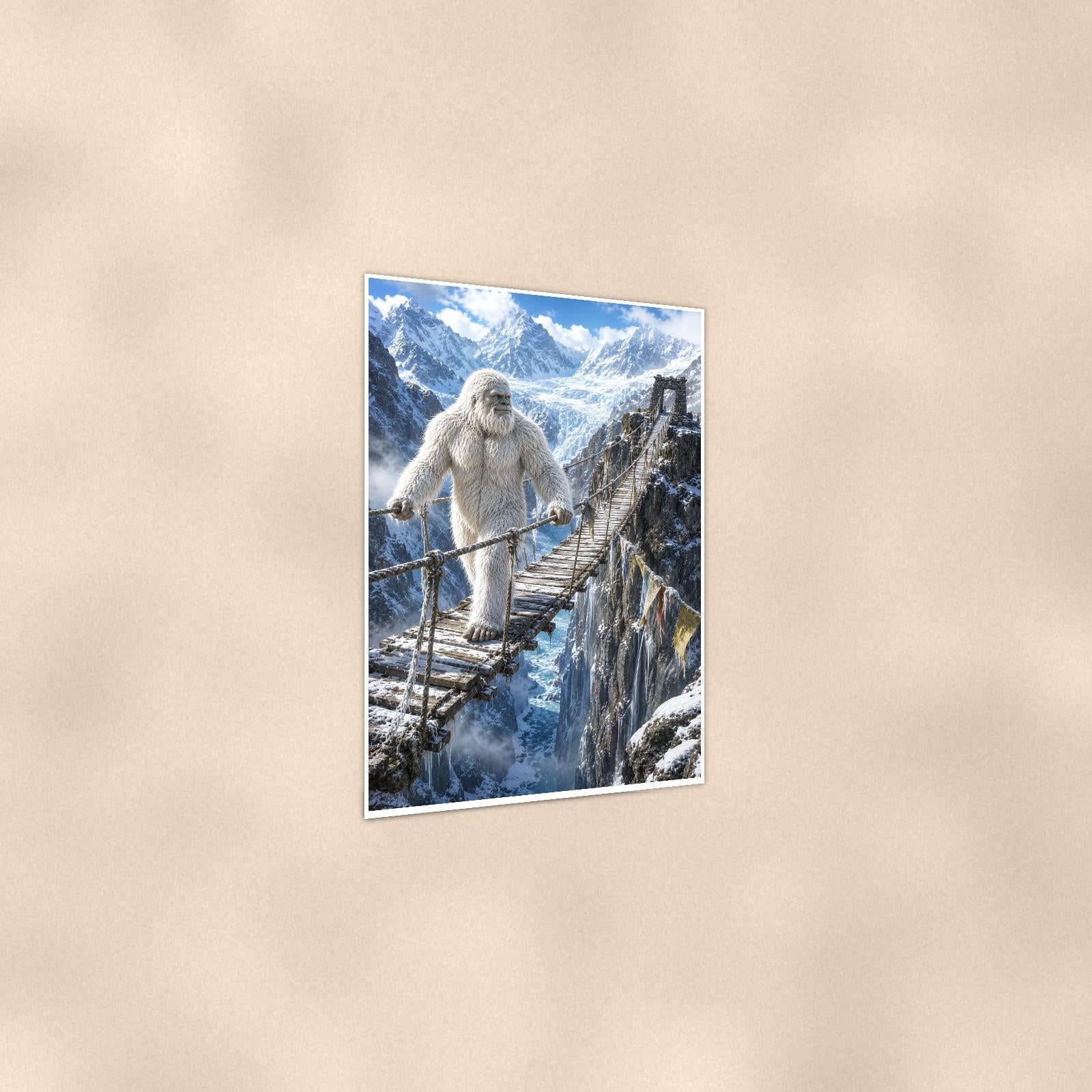 Rope Bridge Yeti — 24x36 in art print poster, premium luster paper with a white border; gentle three-quarter angle on a warm wall, showing the flat paper edge.