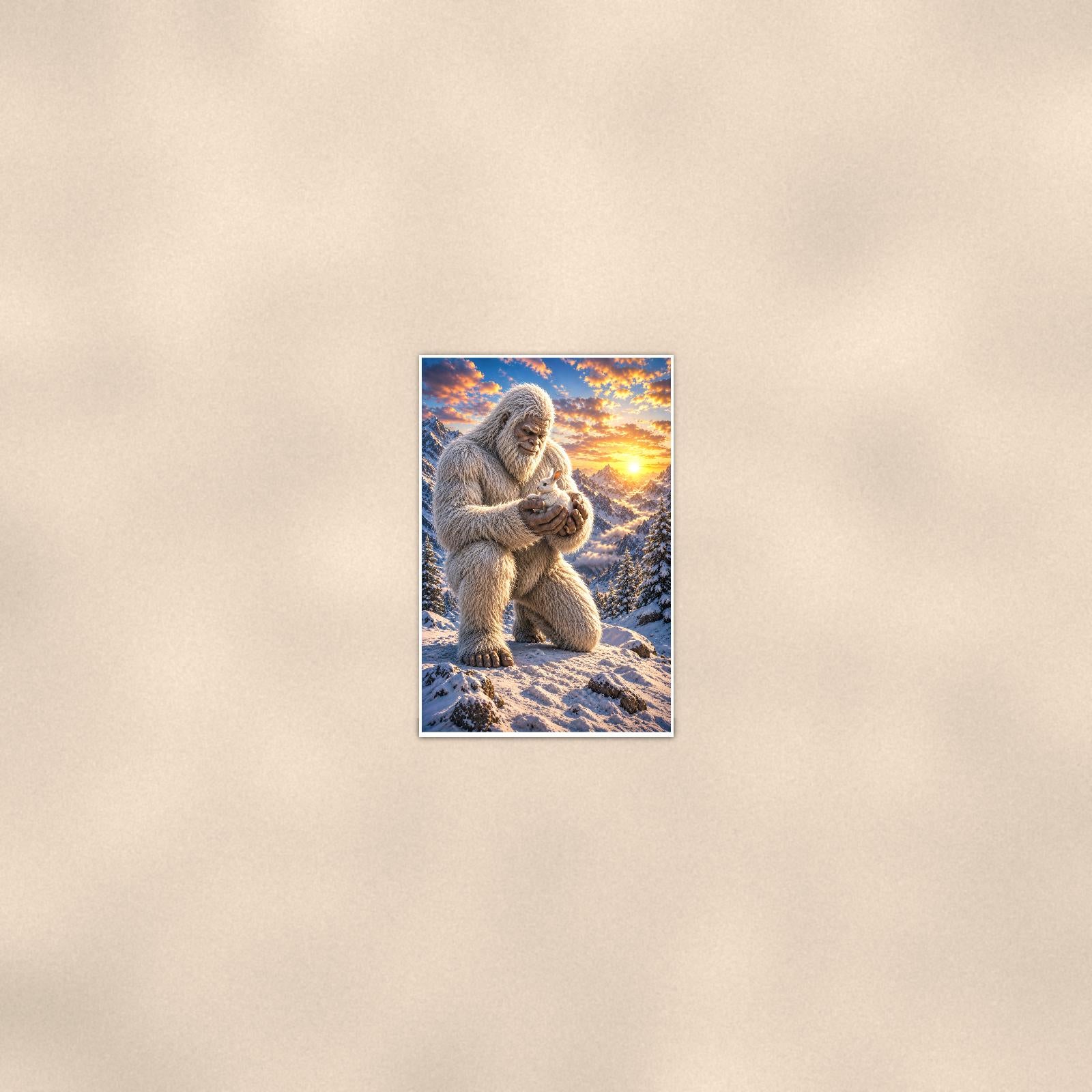 Gentle Yeti — 24x36 in art print poster, premium luster paper with a white border; poster seen from further back, at true 24x36 in scale on a warm wall.