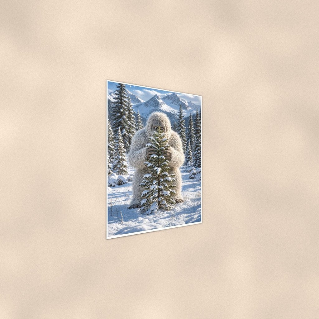 Tree Hug Yeti — 24x36 in art print poster, premium luster paper with a white border; steeper three-quarter angle on a warm wall, catching the luster sheen.
