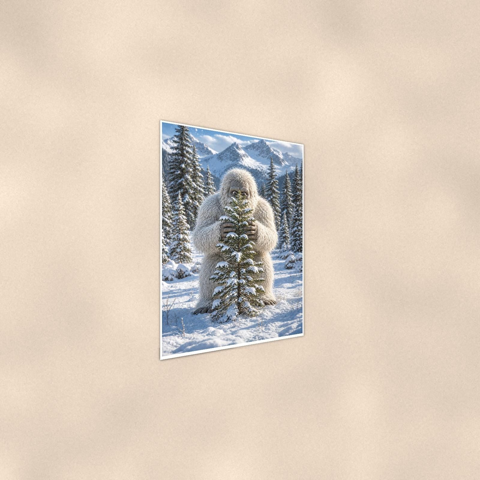 Tree Hug Yeti — 24x36 in art print poster, premium luster paper with a white border; steeper three-quarter angle on a warm wall, catching the luster sheen.