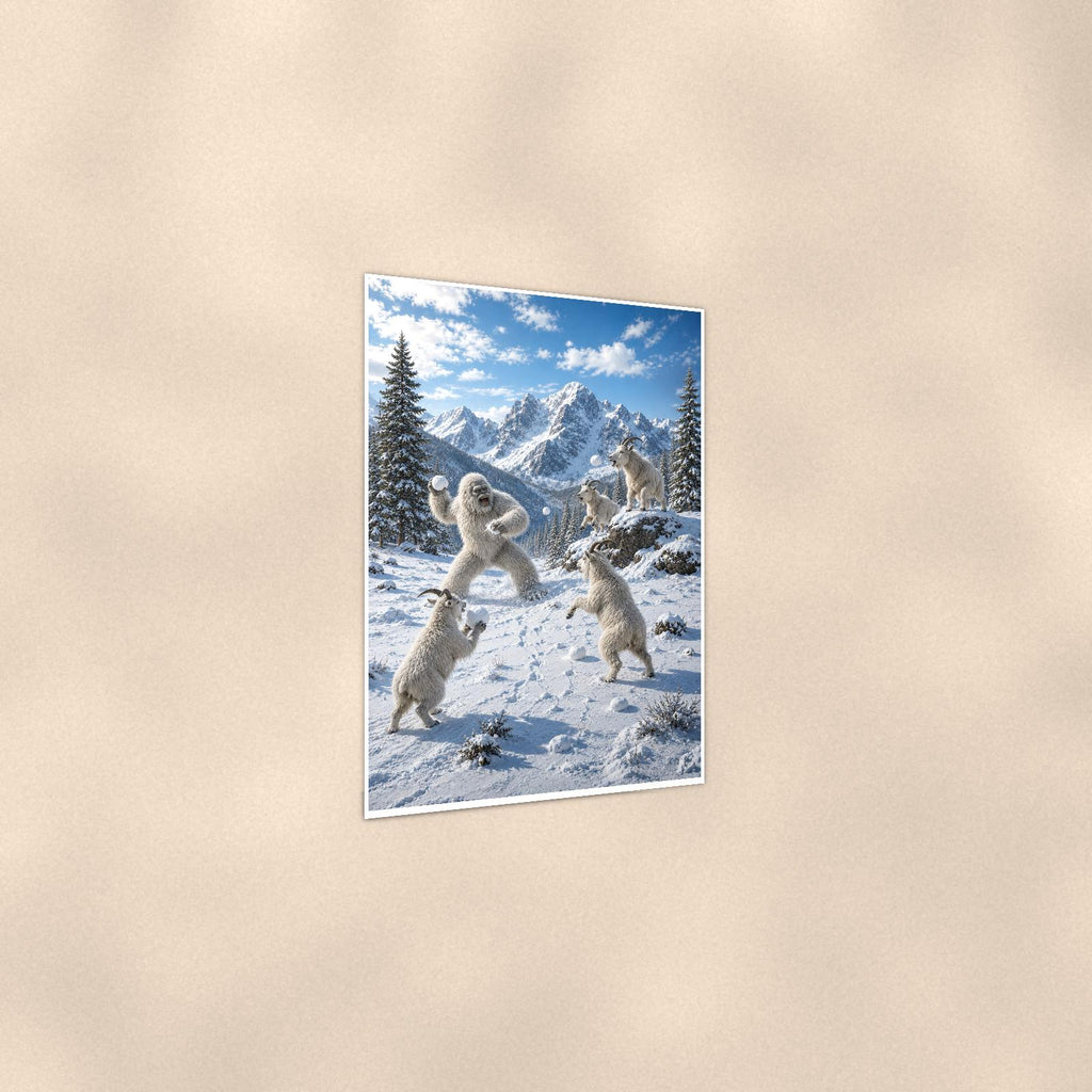 Snowball Fight Yeti — 24x36 in art print poster, premium luster paper with a white border; gentle three-quarter angle on a warm wall, showing the flat paper edge.