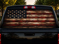 Distressed American Flag perforated rear-window decal installed on a pickup truck back glass
