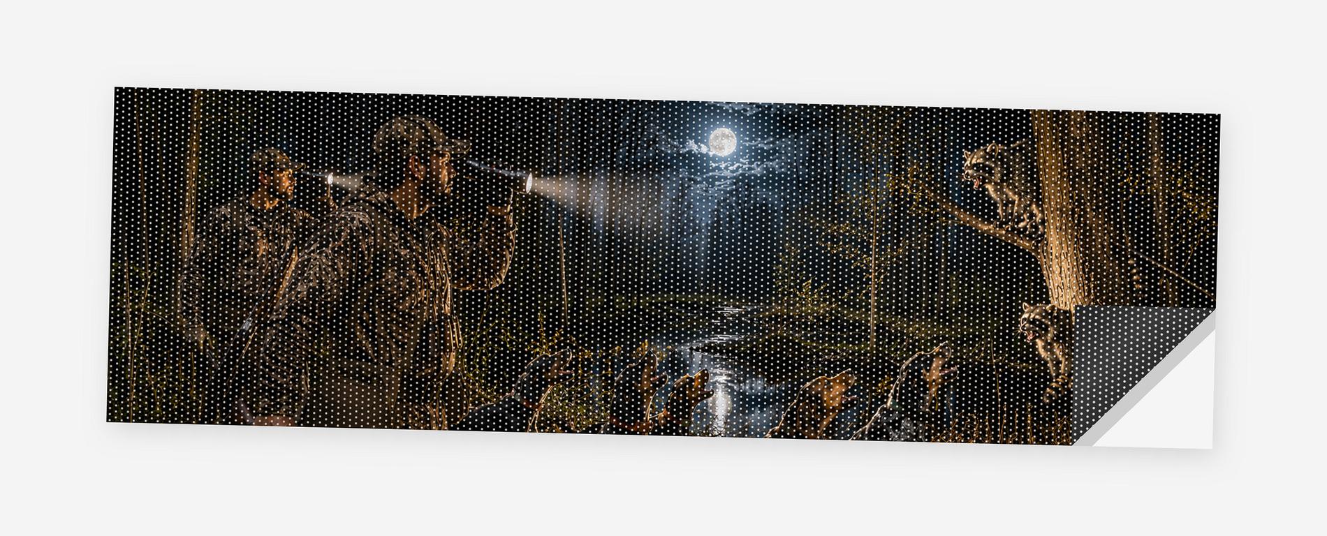 Midnight Coon Hunt 68 x 18.5 inch perforated vinyl truck decal printed flat on white, corner folded up showing the perforation pattern and liner