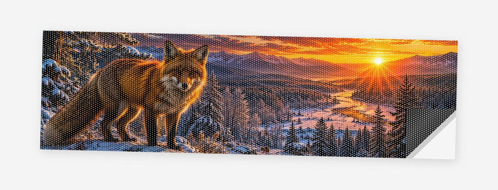 Winter Fox at Sunrise 68 x 18.5 inch perforated vinyl truck decal printed flat on white, corner folded up showing the perforation pattern and liner