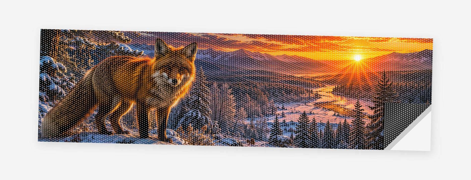 Winter Fox at Sunrise 68 x 18.5 inch perforated vinyl truck decal printed flat on white, corner folded up showing the perforation pattern and liner