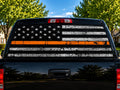 Thin Orange Line Hunter Flag perforated rear-window decal installed on a pickup truck back glass