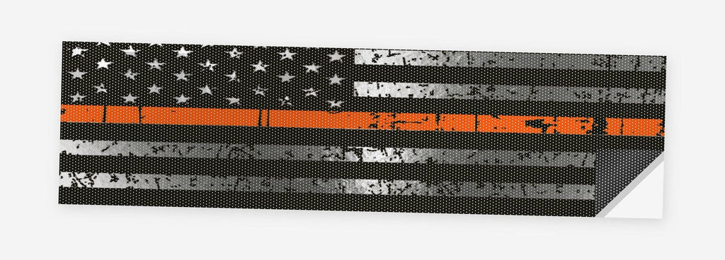 Thin Orange Line Hunter Flag 68 x 18.5 inch perforated vinyl truck decal printed flat on white, corner folded up showing the perforation pattern and liner