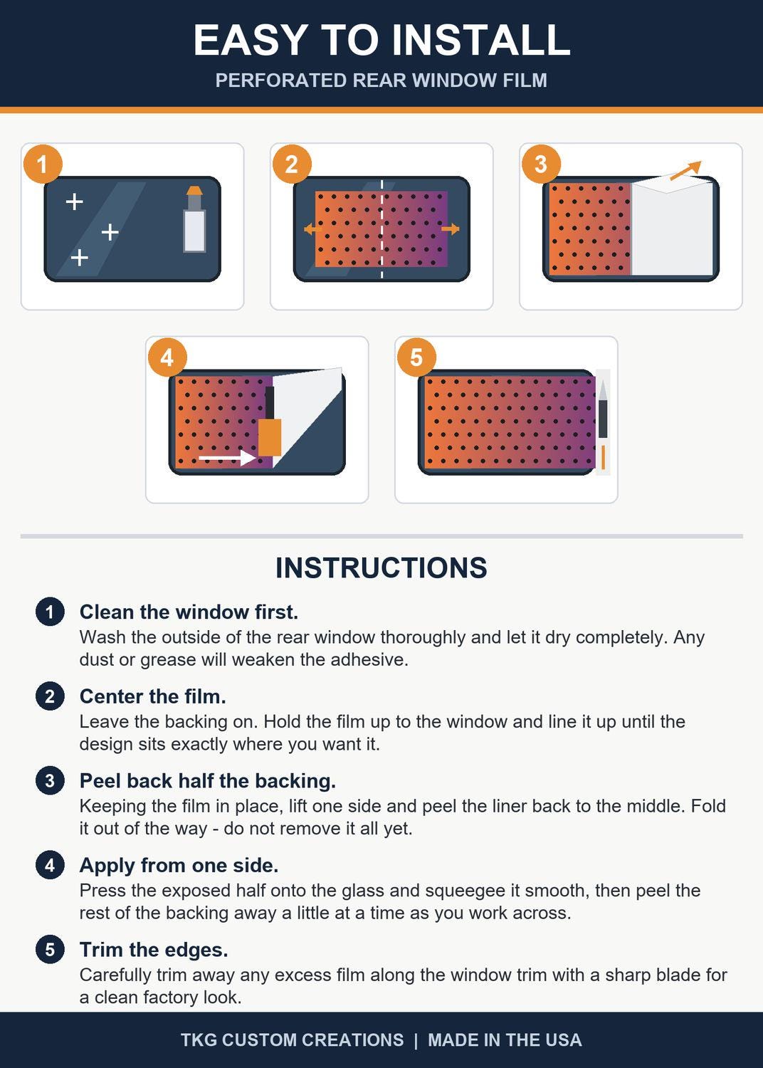 Step-by-step installation instruction card for the perforated rear-window decal
