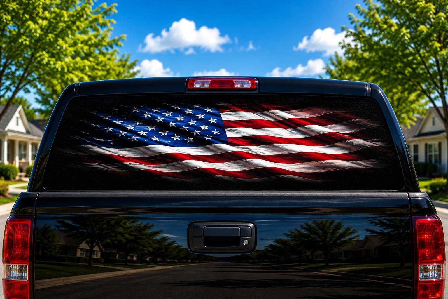 American Flag Wave on Black perforated rear-window decal installed on a pickup truck back glass