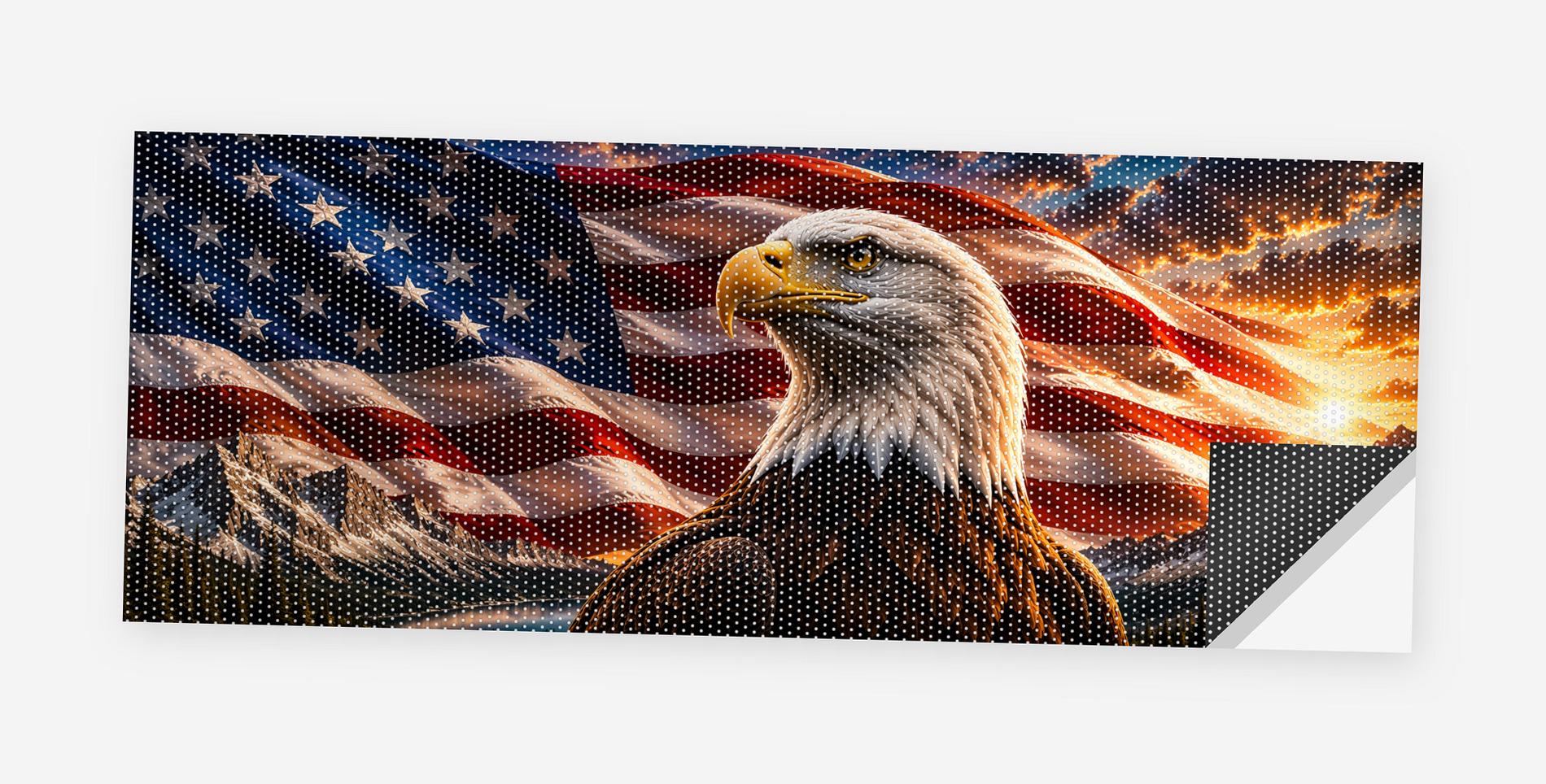 Eagle and Flag Sunset 68 x 18.5 inch perforated vinyl truck decal printed flat on white, corner folded up showing the perforation pattern and liner
