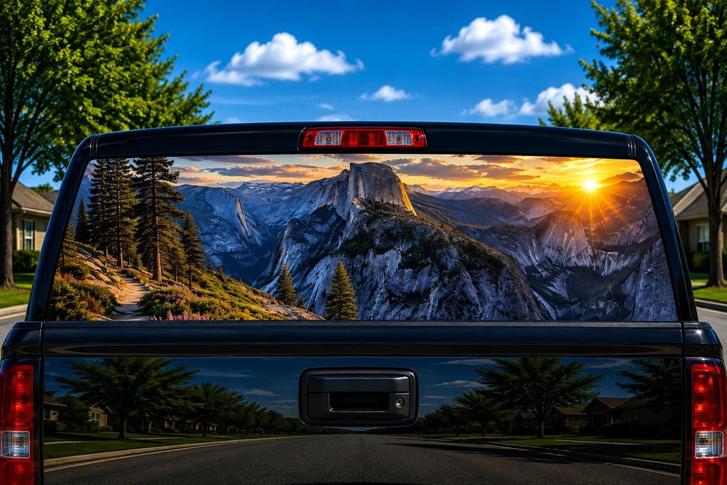 Yosemite Valley Sunrise perforated rear-window decal installed on a pickup truck back glass