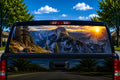 Yosemite Valley Sunrise perforated rear-window decal installed on a pickup truck back glass