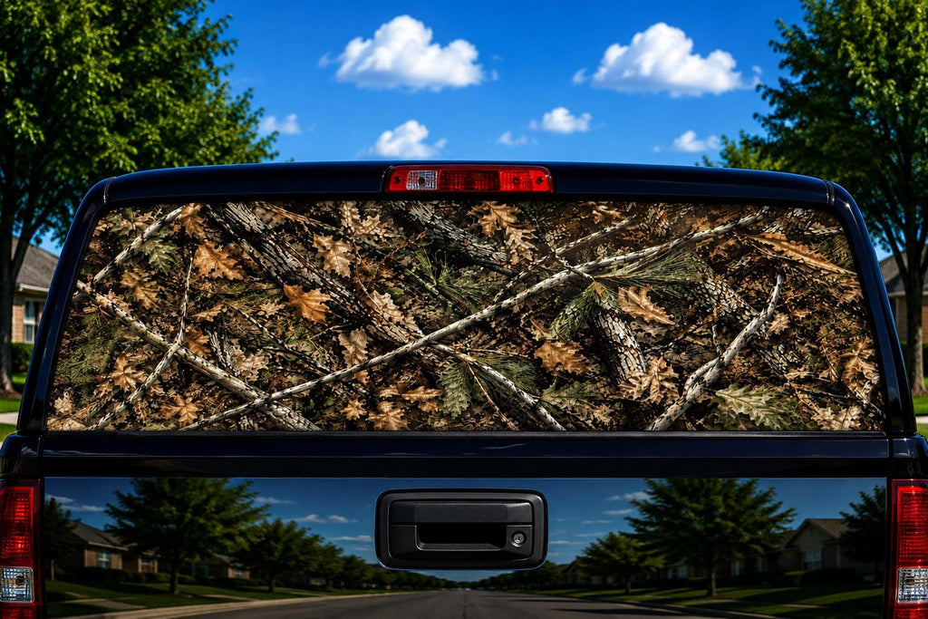 Woodland Camo perforated rear-window decal installed on a pickup truck back glass