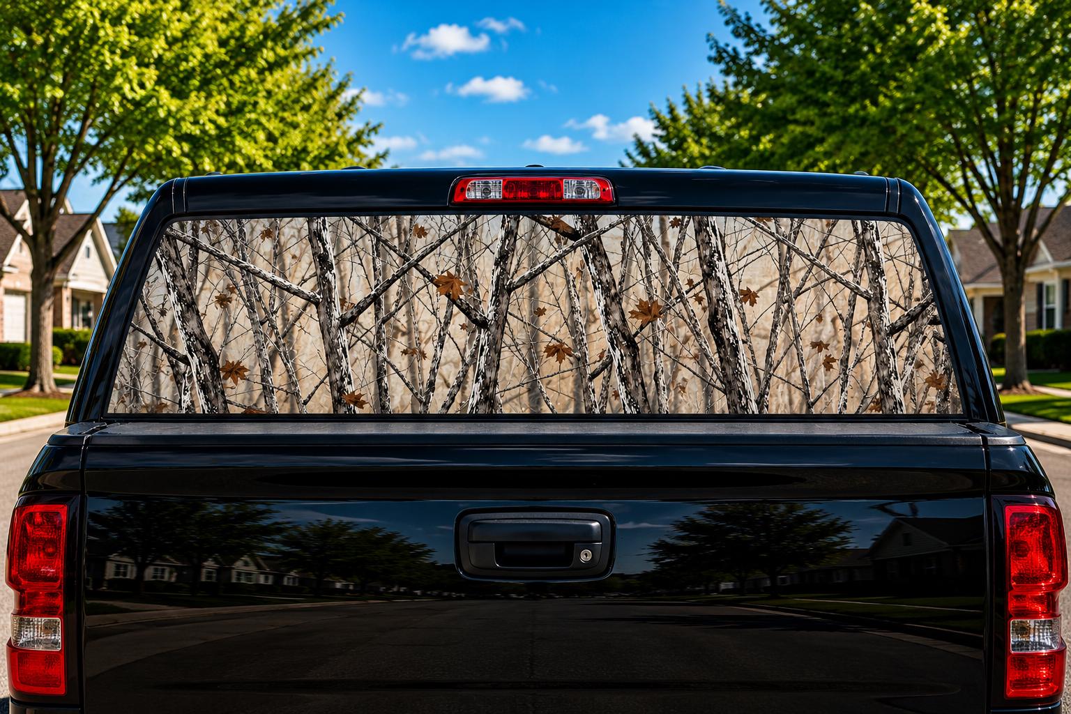 Winter Birch and Birds perforated rear-window decal installed on a pickup truck back glass