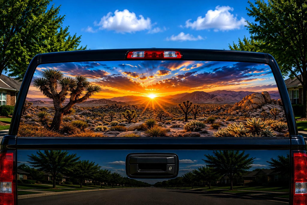 Joshua Tree Desert Sunset perforated rear-window decal installed on a pickup truck back glass