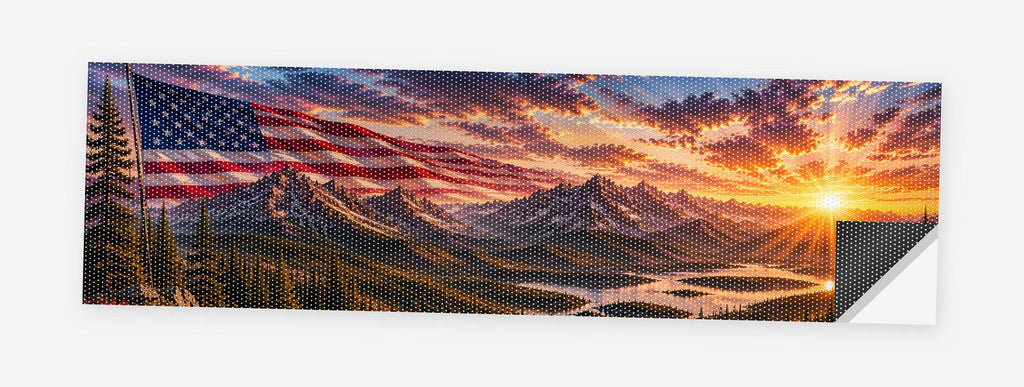 Flag Over the Valley 68 x 18.5 inch perforated vinyl truck decal printed flat on white, corner folded up showing the perforation pattern and liner