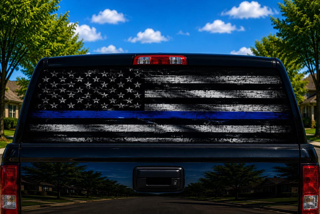Thin Blue Line Night Flag perforated rear-window decal installed on a pickup truck back glass