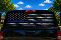 Thin Blue Line Night Flag perforated rear-window decal installed on a pickup truck back glass