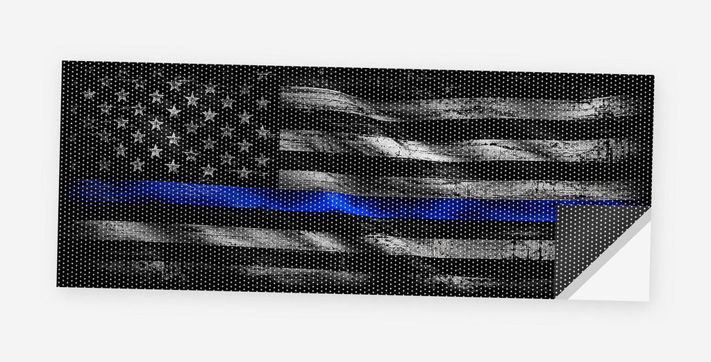 Thin Blue Line Night Flag 68 x 18.5 inch perforated vinyl truck decal printed flat on white, corner folded up showing the perforation pattern and liner